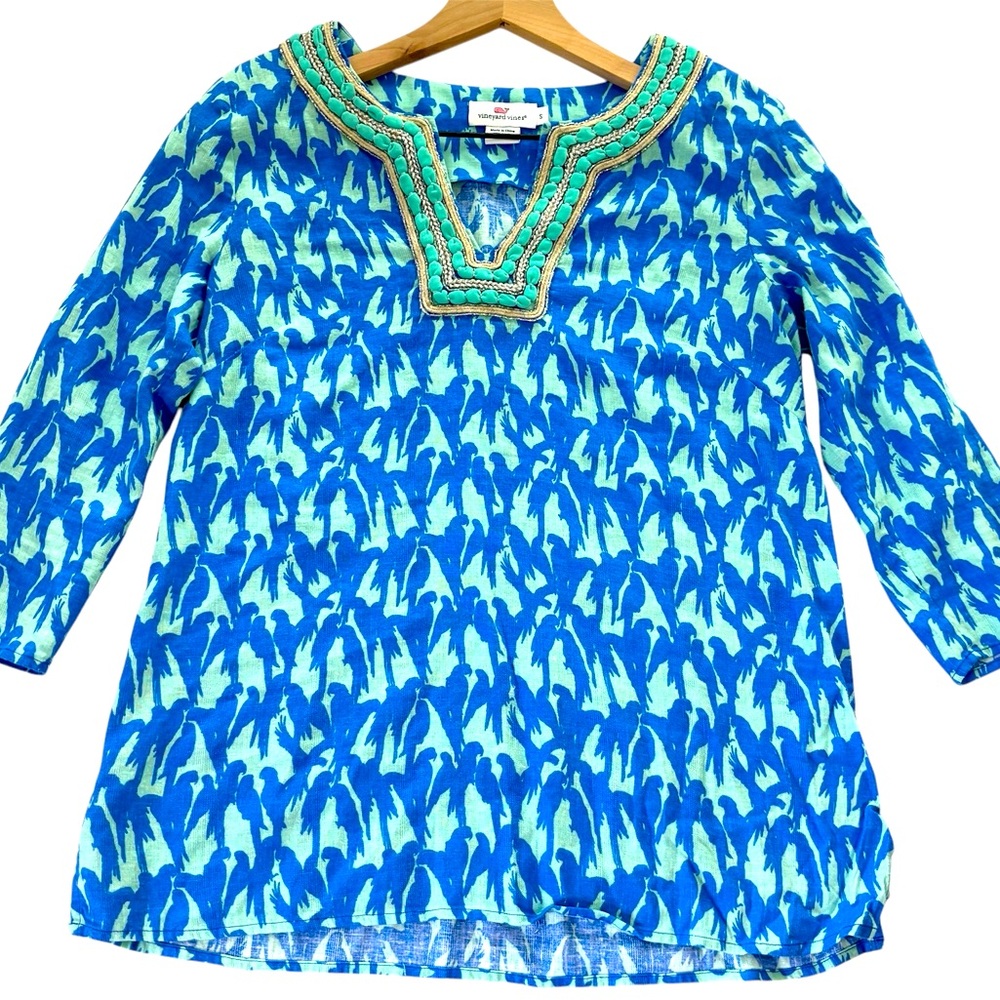 Vineyard Vines Tunic Parrot Top Lucaya Linen Embellished‎ Neckline Blue Size- S